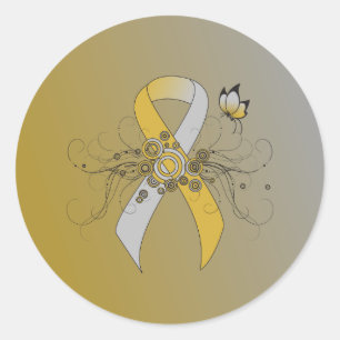 Sticker Rond Ruban d'or et d'argent avec papillon