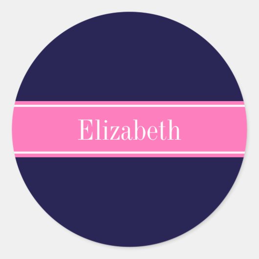 Sticker Rond Ruban Monogramme Navy Blue uni Rose Choc #2 Nom (Devant)