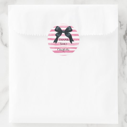 Sticker Rond Ruban noir avec des bandes roses et blanches perso (Sac)
