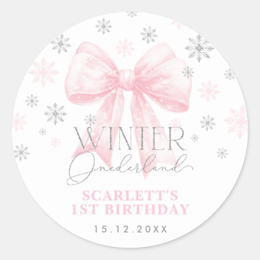 Sticker Rond Ruban rose Bow Silver Winter Onederland Anniversai (Devant)