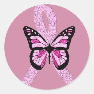 Sticker Rond Ruban rose de papillon de conscience de cancer du