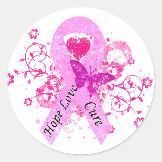 Sticker Rond Ruban rose Hope Love Cure (Devant)