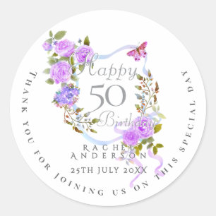 Sticker Rond Ruban Rose Pourpre 50e Anniversaire