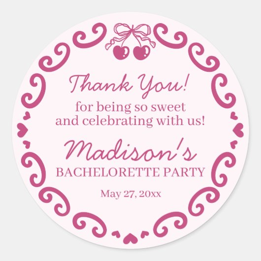 Sticker Rond Ruban Rose Rétro Cœur Coquette Gâteau Bachelorette (Devant)