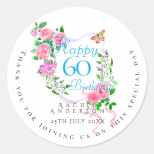 Sticker Rond Ruban Rose Rose 60ème Anniversaire