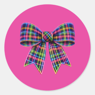 Sticker Rond Ruban Tartan à Nœud Néon Rose Écossais Mignon