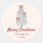 Sticker Rond Rubans de Noël Retro Rose Rouge Main Tirée Arbre (Devant)