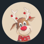 Sticker Rond Rudolph the Reindeer Christmas Art<br><div class="desc">Salutation "Joyeux Noël". Rudolph,  l'art de Noël des rennes.</div>