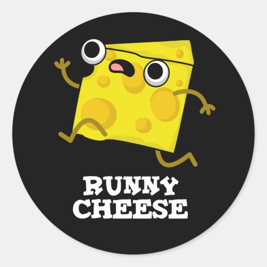 Sticker Rond Runny Cheese Funny Food Pun Dark BG (Devant)