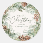 Sticker Rond Russe Aquarelle Pine Cône Wreath Joyeux Noël (Devant)