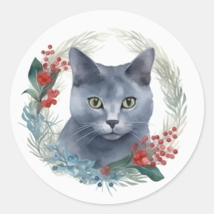 Sticker Rond Russe Blue Chat Noël Wreath Festive Kitten