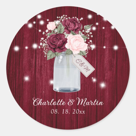 Sticker Rond Russe Bourgogne Blush Monogram Mariage Floral (Devant)