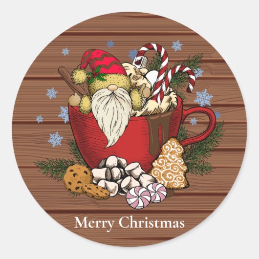 Sticker Rond Russe Brown Gnome Joyeux Noël Flacons de neige (Devant)