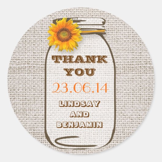 Sticker Rond Russe Burlap Mason Jar Mariage Tournesol (Devant)