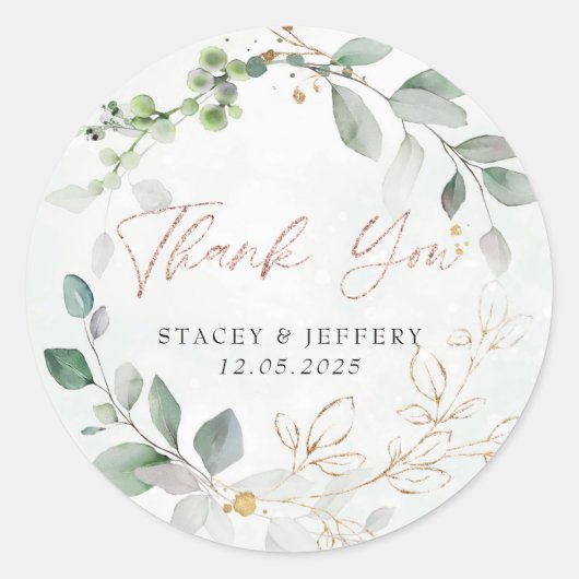 Sticker Rond Russe Eucalyptus Mariage de calligraphie d'or (Devant)