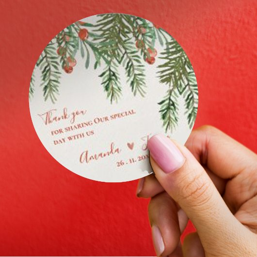 Sticker Rond Russe Feuilles verts Red Berries Mariage de Noël