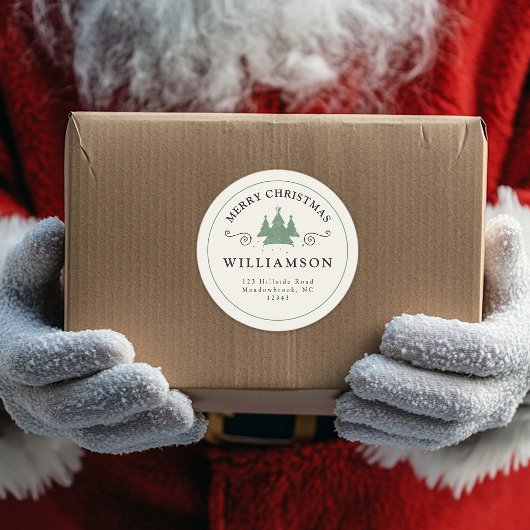 Sticker Rond Russe Joyeux Arbre de Noël Moderne Adresse de reto