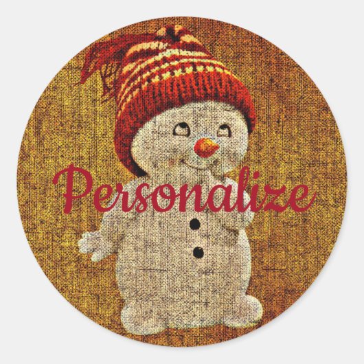 Sticker Rond Russe Snowman sur burlap mignon brun hiver rouge (Devant)