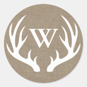 Sticker Rond Russe White Deer Antlers Burlap Lettre initiale