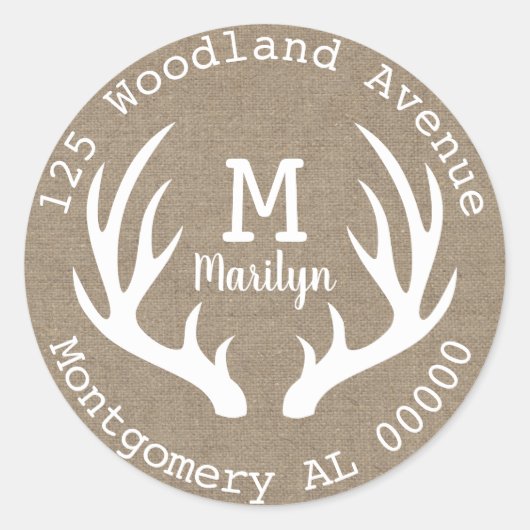 Sticker Rond Russe Woodland Deer Antlers Faux Burlap Adresse (Devant)