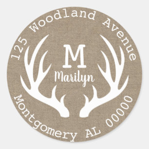 Sticker Rond Russe Woodland Deer Antlers Faux Burlap Adresse