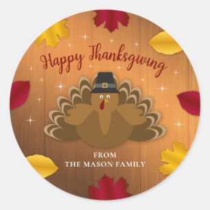Sticker Rond Russe Woodsy Thanksgiving Turquie Feuilles d'autom
