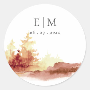 Sticker Rond Rust Orange Jaune Automne Arbres Monogramme Mariag