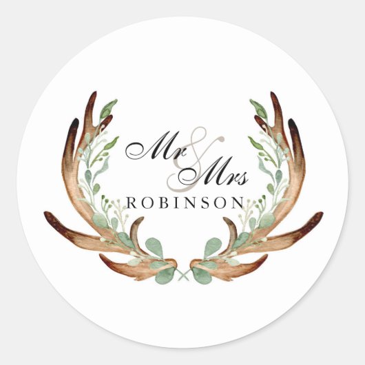 Sticker Rond Rustic Antler et Vine Aquarelle Mr & Mrs. (Devant)