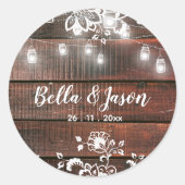 Sticker Rond Rustic Barn Wood Lace String Lights Wedding (Devant)