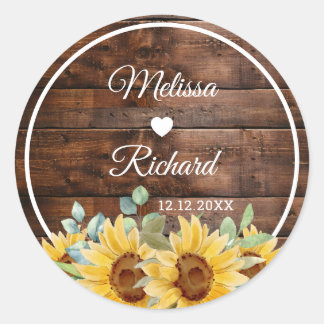 Sticker Rond Rustic Barn Wood Sunflower Country Wedding Favor