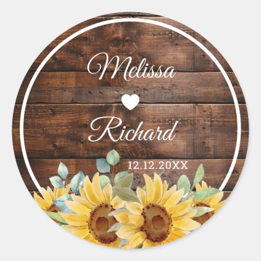 Sticker Rond Rustic Barn Wood Sunflower Country Wedding Favor (Devant)