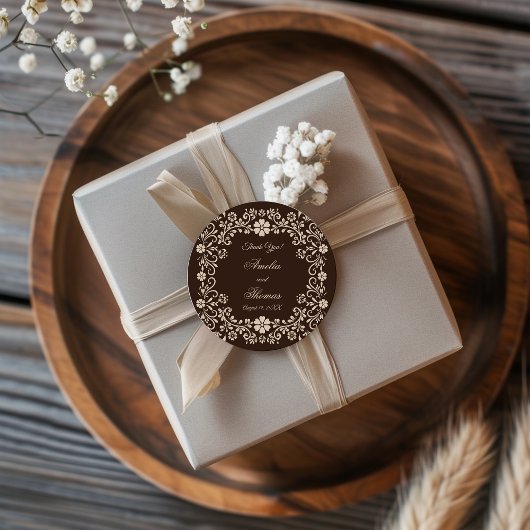 Sticker Rond Rustic Brown Floral Wedding Thank You