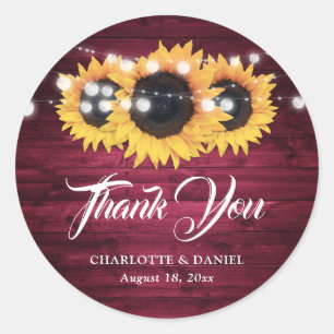 Sticker Rond Rustic Burgundy Sunflower Thank You Wedding Favor