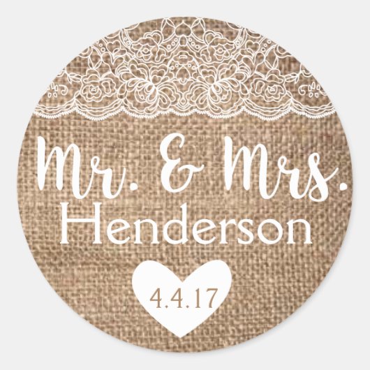 Sticker Rond Rustic, Burlap & Lace, M. & Mme Stickers- Faveurs (Devant)