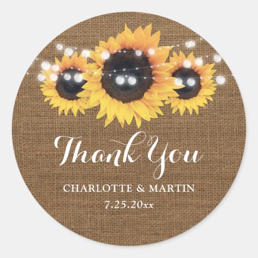 Sticker Rond Rustic Burlap Sunflower Wedding Favoriser (Devant)
