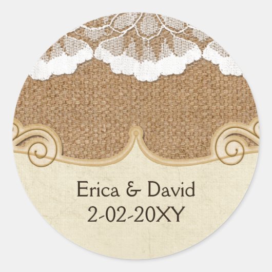 Sticker Rond Rustic Chic burlap et dentelle mariage campagnard (Devant)