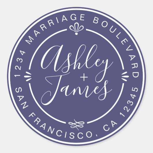 Sticker Rond Rustic Chic Mariage Adresse de retour Marine Blue (Devant)