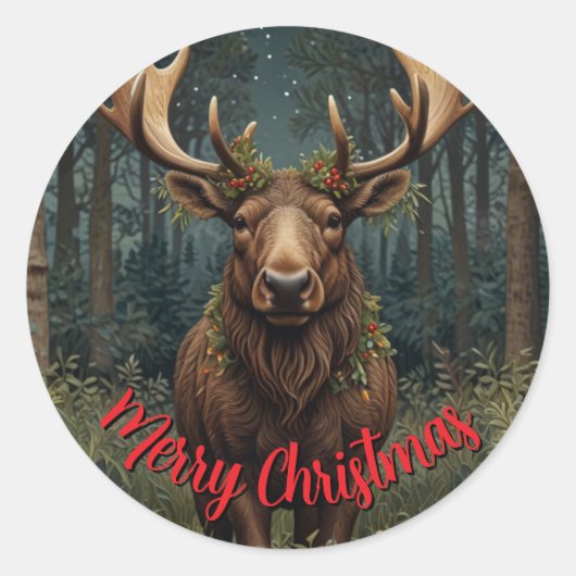 Sticker Rond Rustic Christmas moose deer boho woodland forest (Devant)