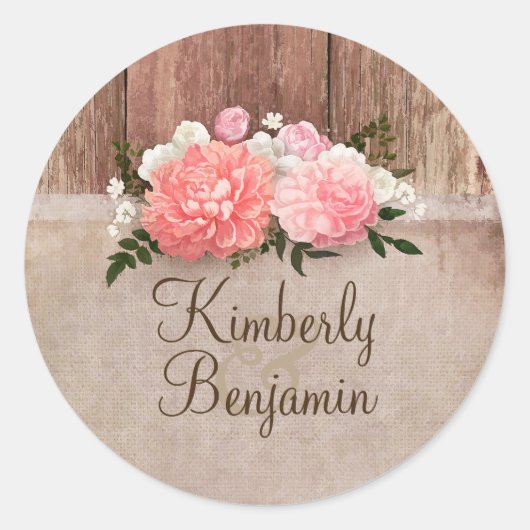 Sticker Rond Rustic Country Bois et Mariage Floral Burlap (Devant)