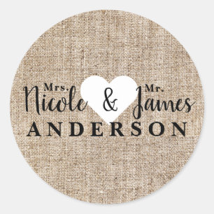 Sticker Rond Rustic Country Burlap Mariage personnalisé Faveur