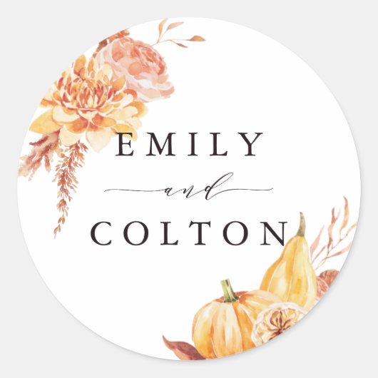 Sticker Rond Rustic Fall Gold Floral Citrouille Mariage (Devant)