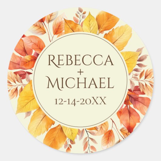 Sticker Rond Rustic Fall laisse un Mariage de crème élégant (Devant)