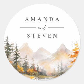 Sticker Rond Rustic Fall Mountain Pine Forest Wedding