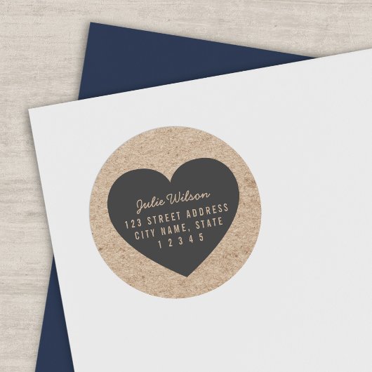 Sticker Rond Rustic Faux Kraft et Grey Heart Adresse de retour