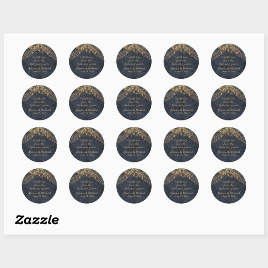 Sticker Rond Rustic Glam Marine Blue Gold Bride Groom (Feuille)