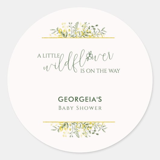 Sticker Rond Rustic Golden Frame Wildflower on Way  Baby Shower (Devant)
