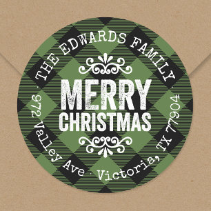 Sticker Rond Rustic Green Buffalo Check Holiday Adresse de reto