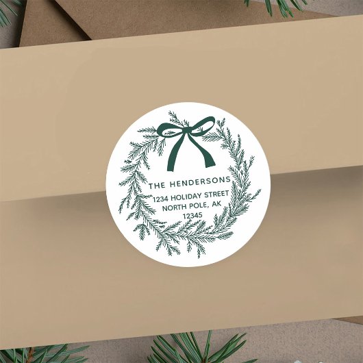 Sticker Rond Rustic Green Christmas Pine Wreath Return Address 
