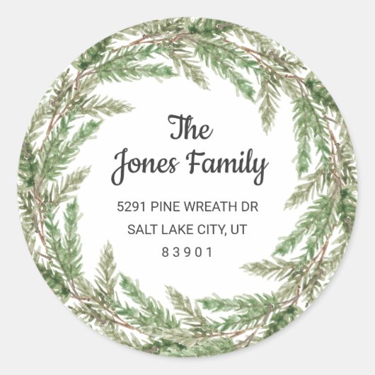 Sticker Rond Rustic Green Pine Wreath Holiday Adresse de retour (Devant)