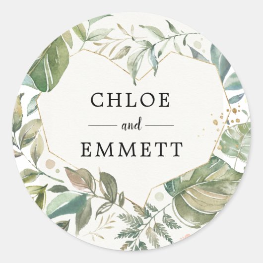 Sticker Rond Rustic Green White Gold Botanical Heart Mariage (Devant)